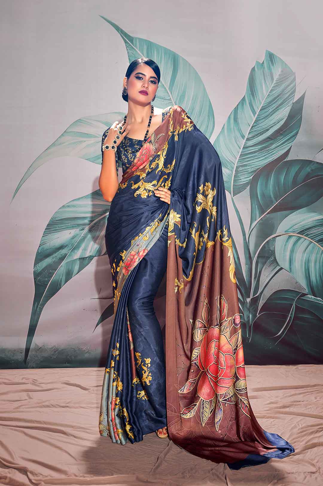 Blue Printed Satin Crepe Saree