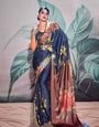 Blue Printed Satin Crepe Saree