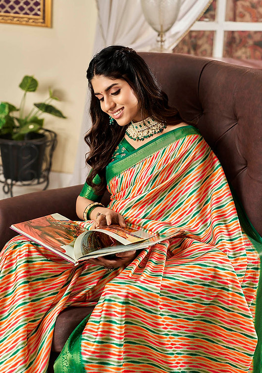 Classic Green Printed Satin Saree