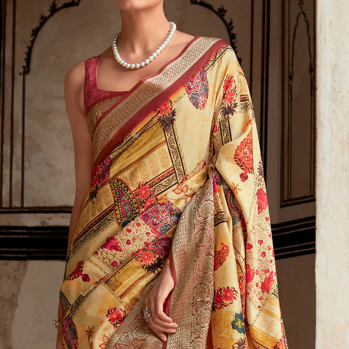 Yellow Digital Printed Dola Silk Saree