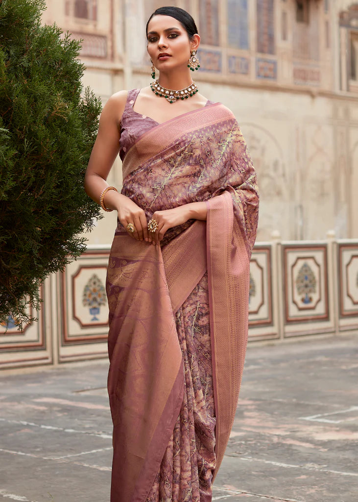 Chocolate Brown Banarasi Digital Printed Silk Saree