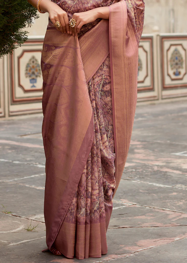 Chocolate Brown Banarasi Digital Printed Silk Saree