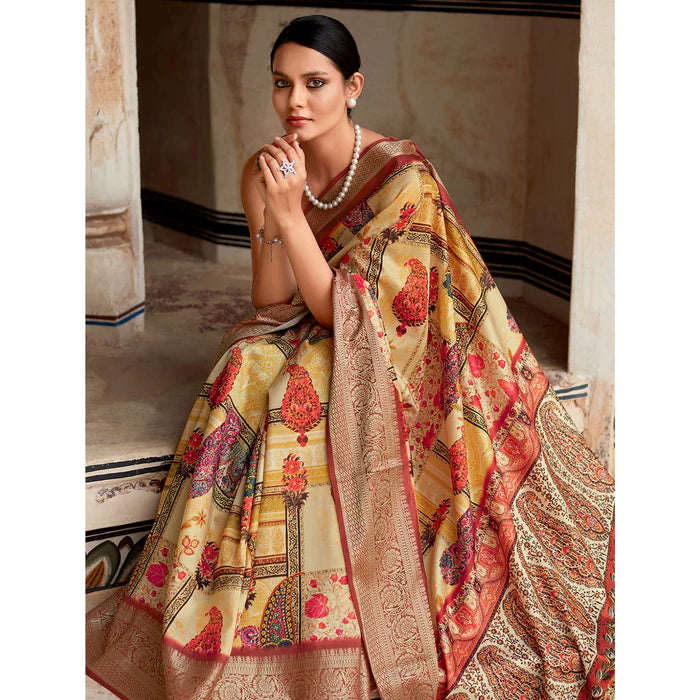 Yellow Digital Printed Dola Silk Saree