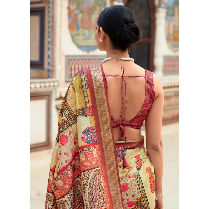 Yellow Digital Printed Dola Silk Saree