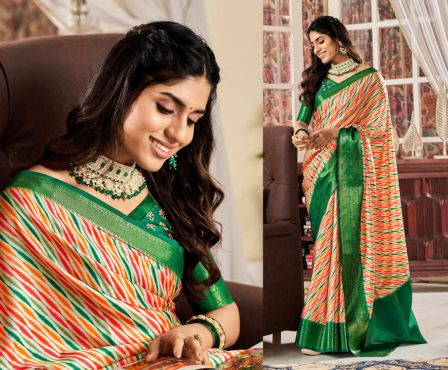 Classic Green Printed Satin Saree