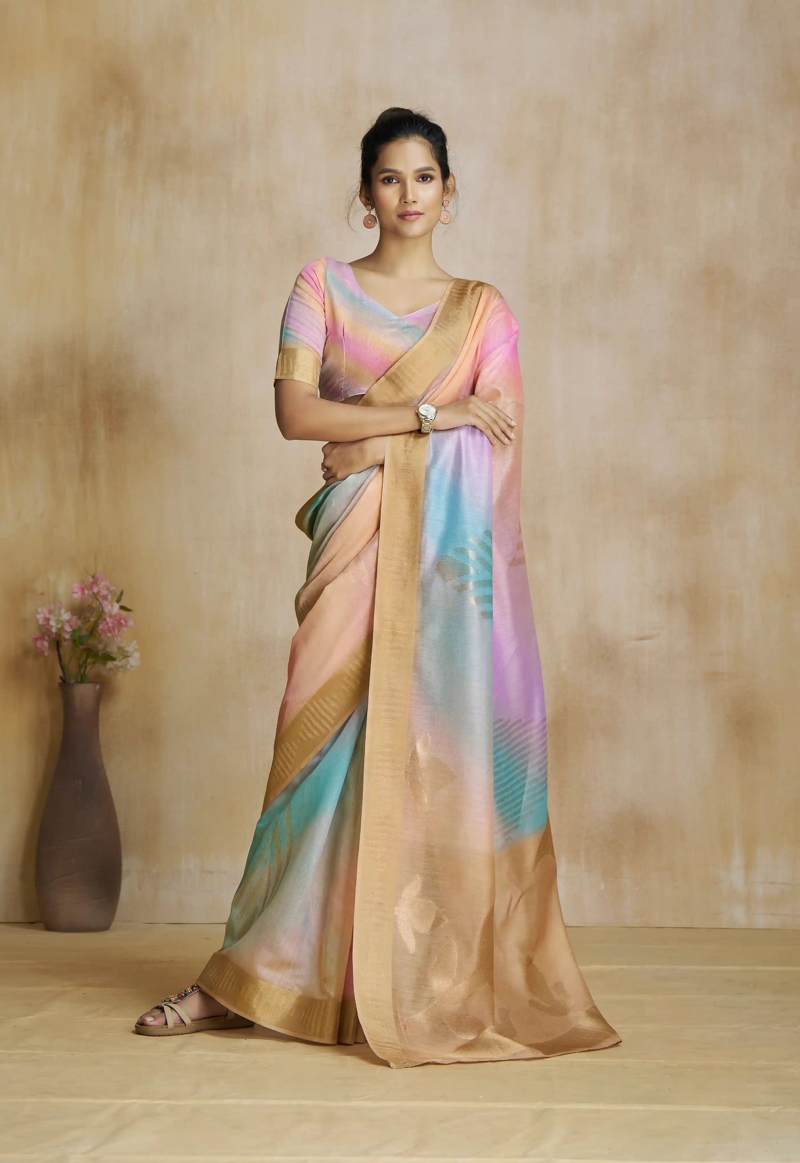 Cultivated Cream Digital Printed Silk Saree