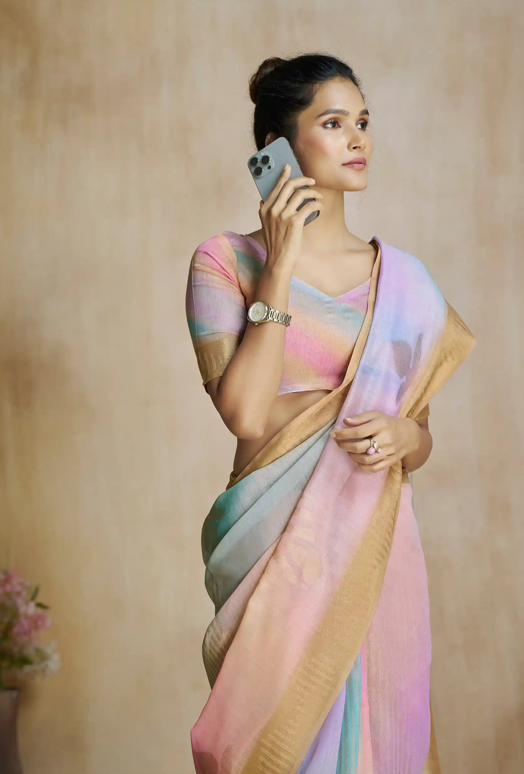 Cultivated Cream Digital Printed Silk Saree