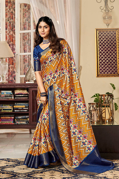 Adoring Blue And Mustard Printed Satin Saree