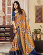 Adoring Blue And Mustard Printed Satin Saree