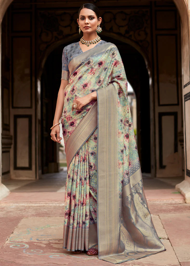 Luminous Green Banarasi Digital Printed Silk Saree