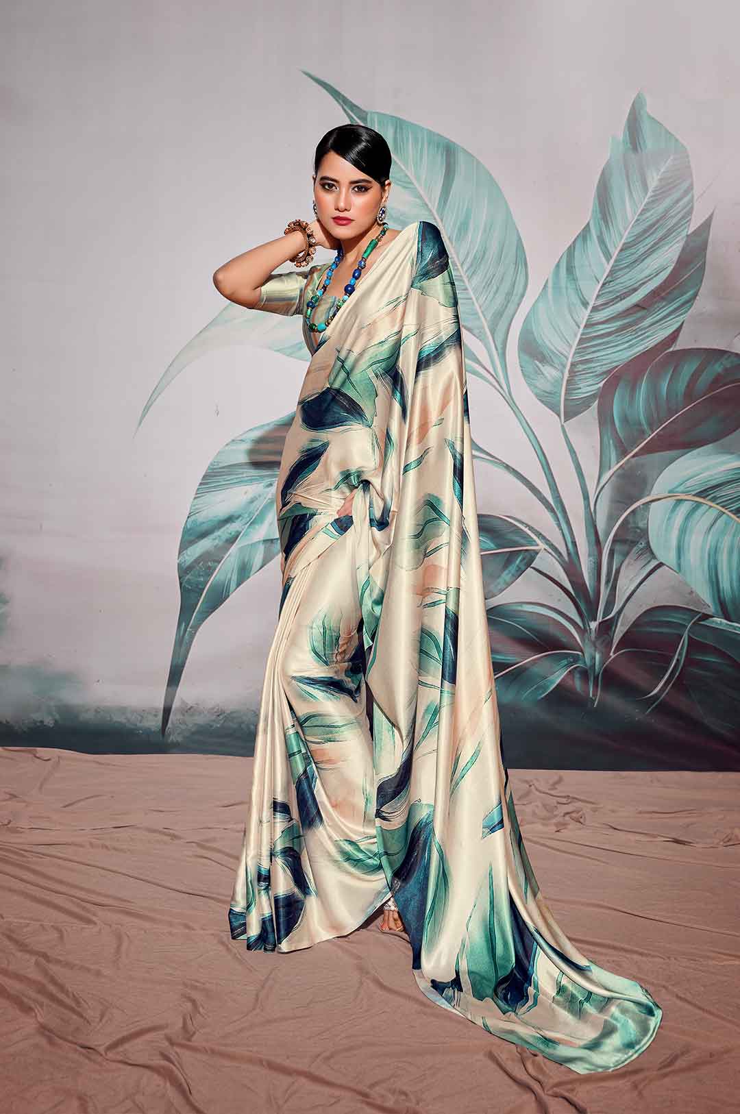 Cream Printed Satin Crepe Saree