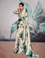 Cream Printed Satin Crepe Saree