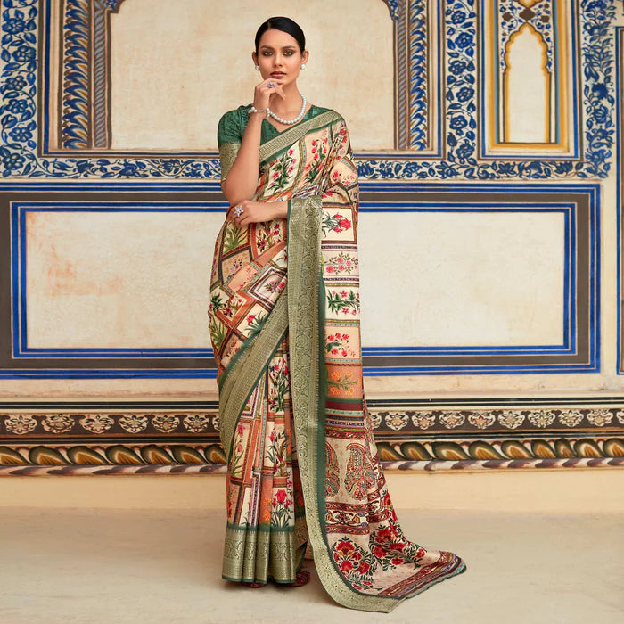 Beige And Green Digital Printed Dola Silk Saree