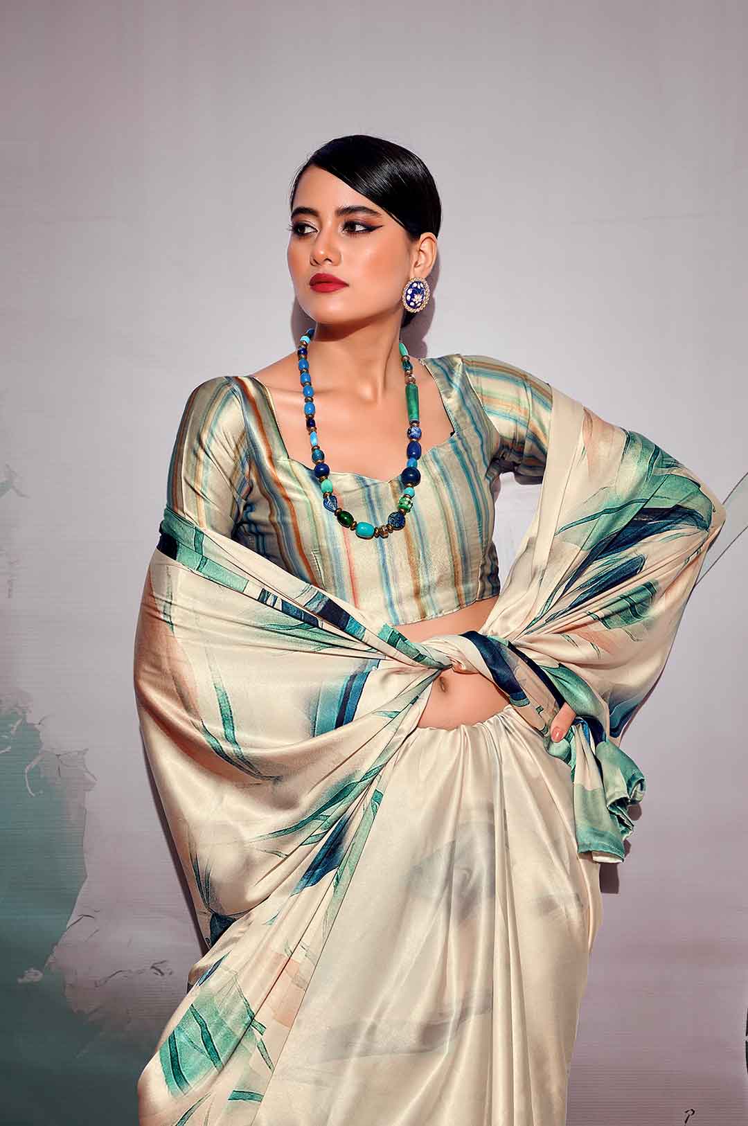 Cream Printed Satin Crepe Saree