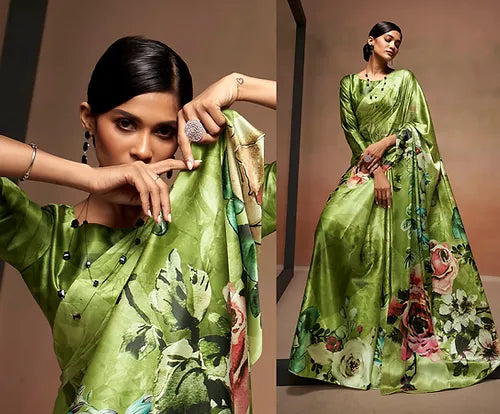 Green Bollywood Style Soft Satin Crepe Saree