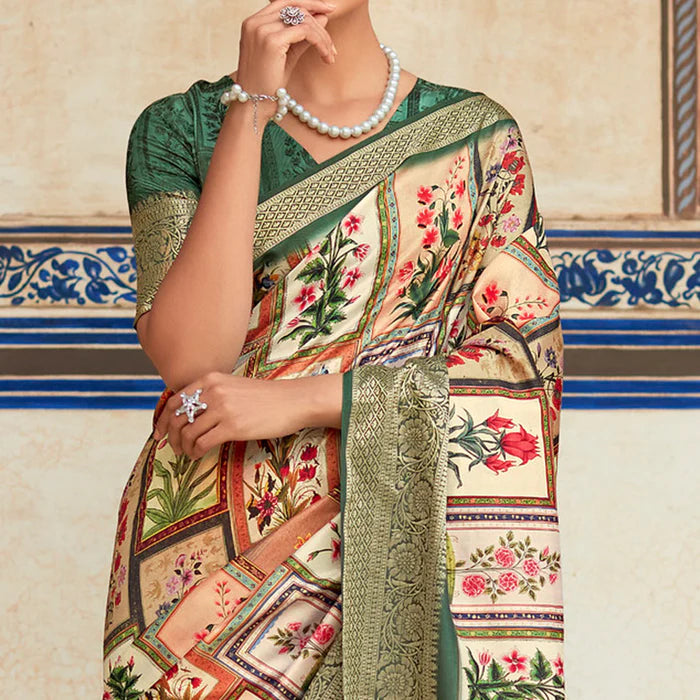 Beige And Green Digital Printed Dola Silk Saree