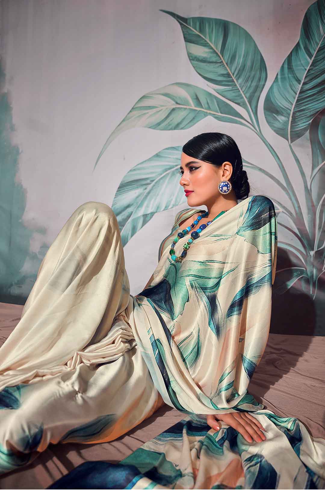 Cream Printed Satin Crepe Saree