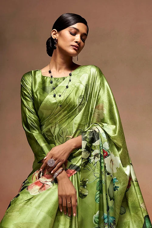 Green Bollywood Style Soft Satin Crepe Saree