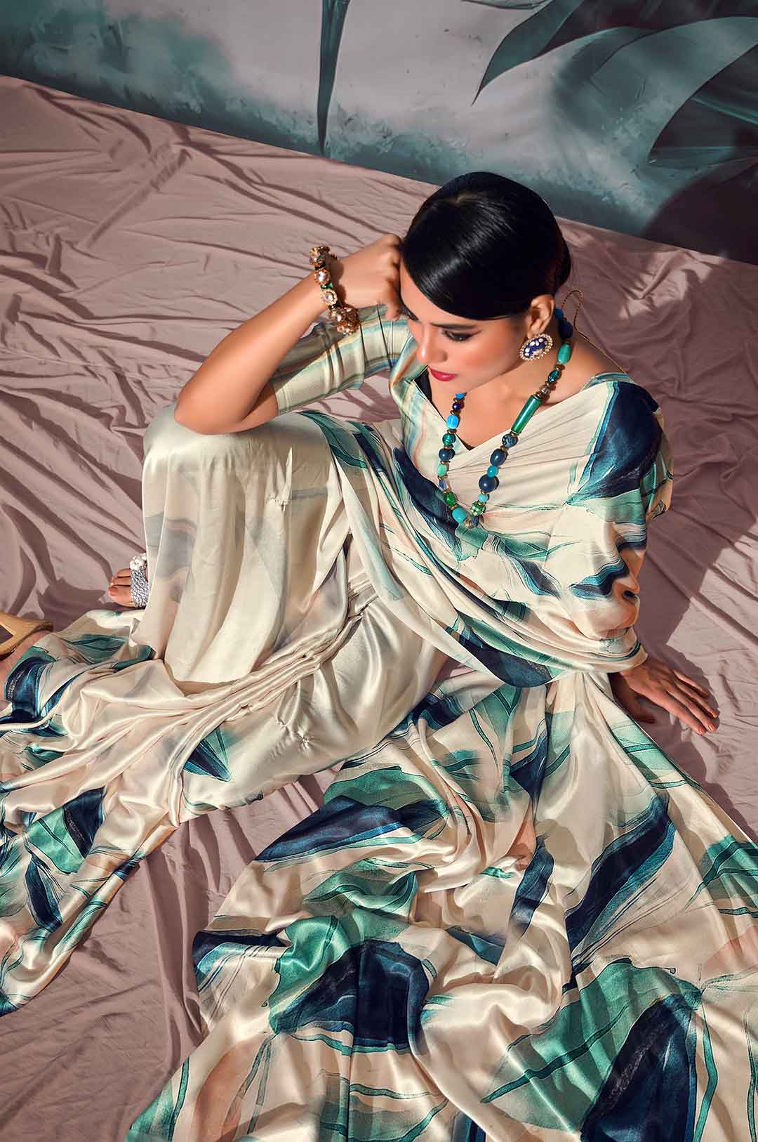 Cream Printed Satin Crepe Saree