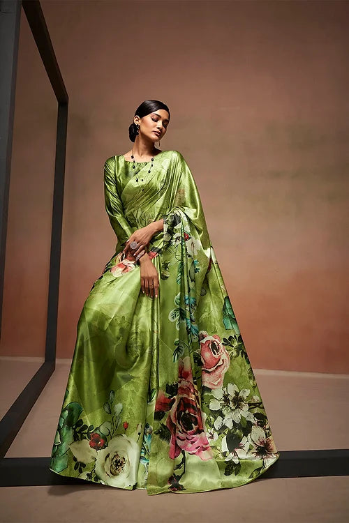 Green Bollywood Style Soft Satin Crepe Saree