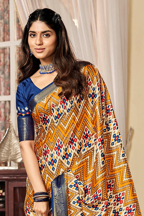 Adoring Blue And Mustard Printed Satin Saree