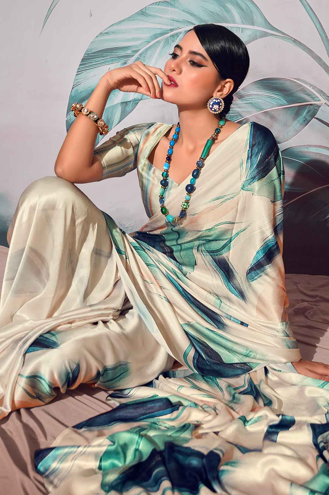 Cream Printed Satin Crepe Saree