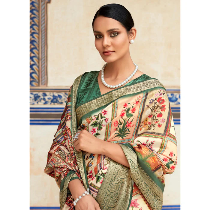 Beige And Green Digital Printed Dola Silk Saree