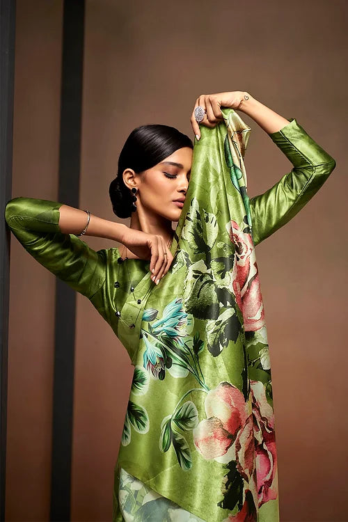 Green Bollywood Style Soft Satin Crepe Saree