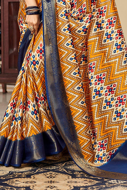 Adoring Blue And Mustard Printed Satin Saree