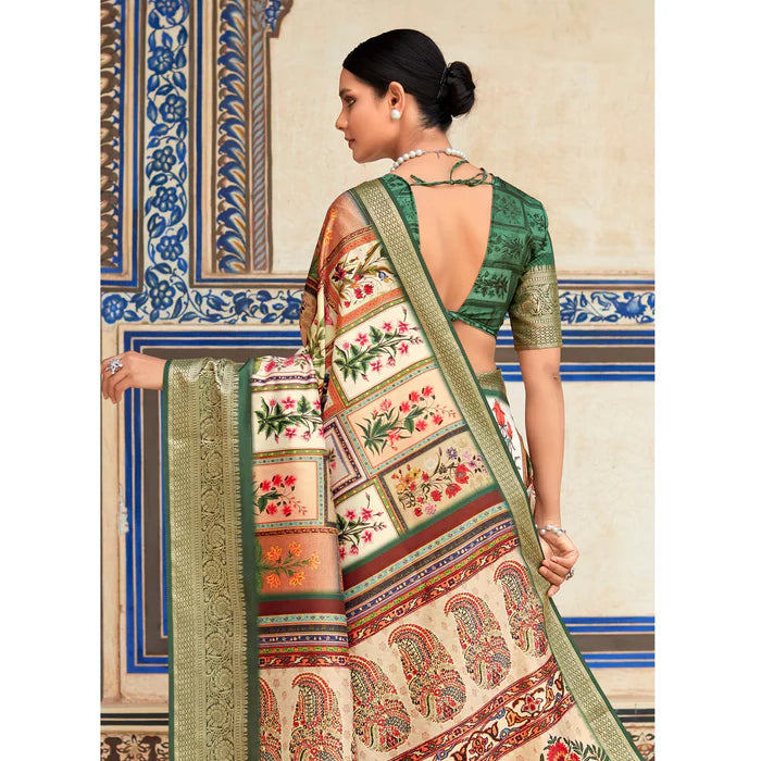 Beige And Green Digital Printed Dola Silk Saree