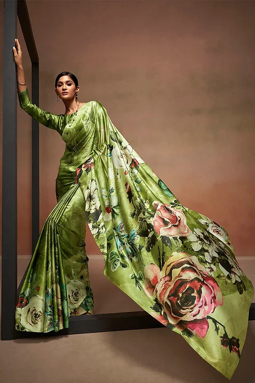 Green Bollywood Style Soft Satin Crepe Saree