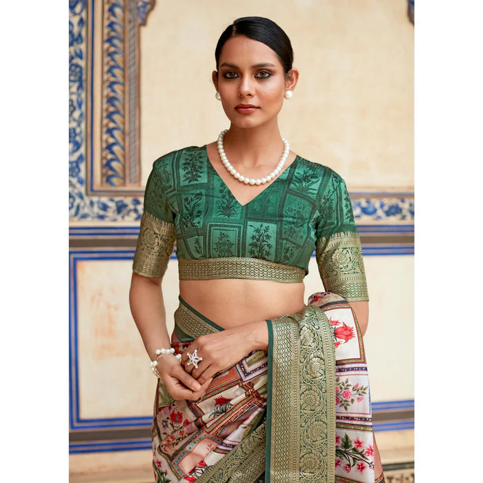 Beige And Green Digital Printed Dola Silk Saree