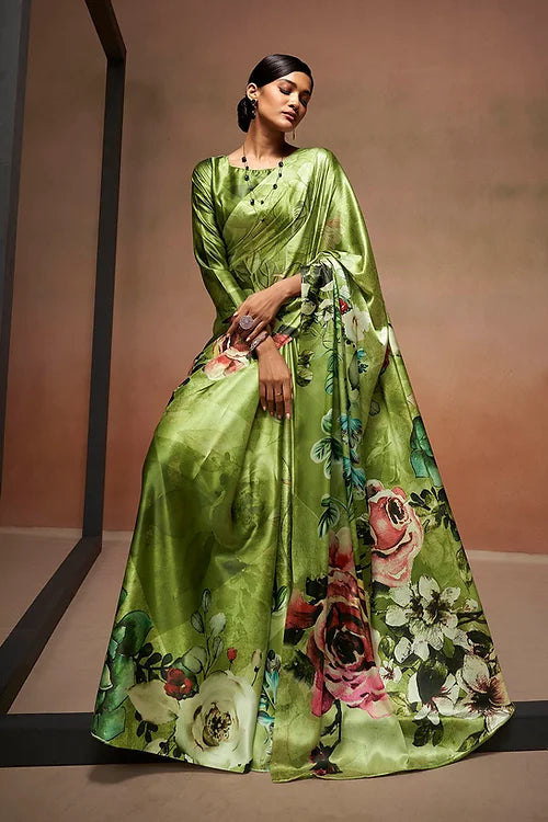 Green Bollywood Style Soft Satin Crepe Saree