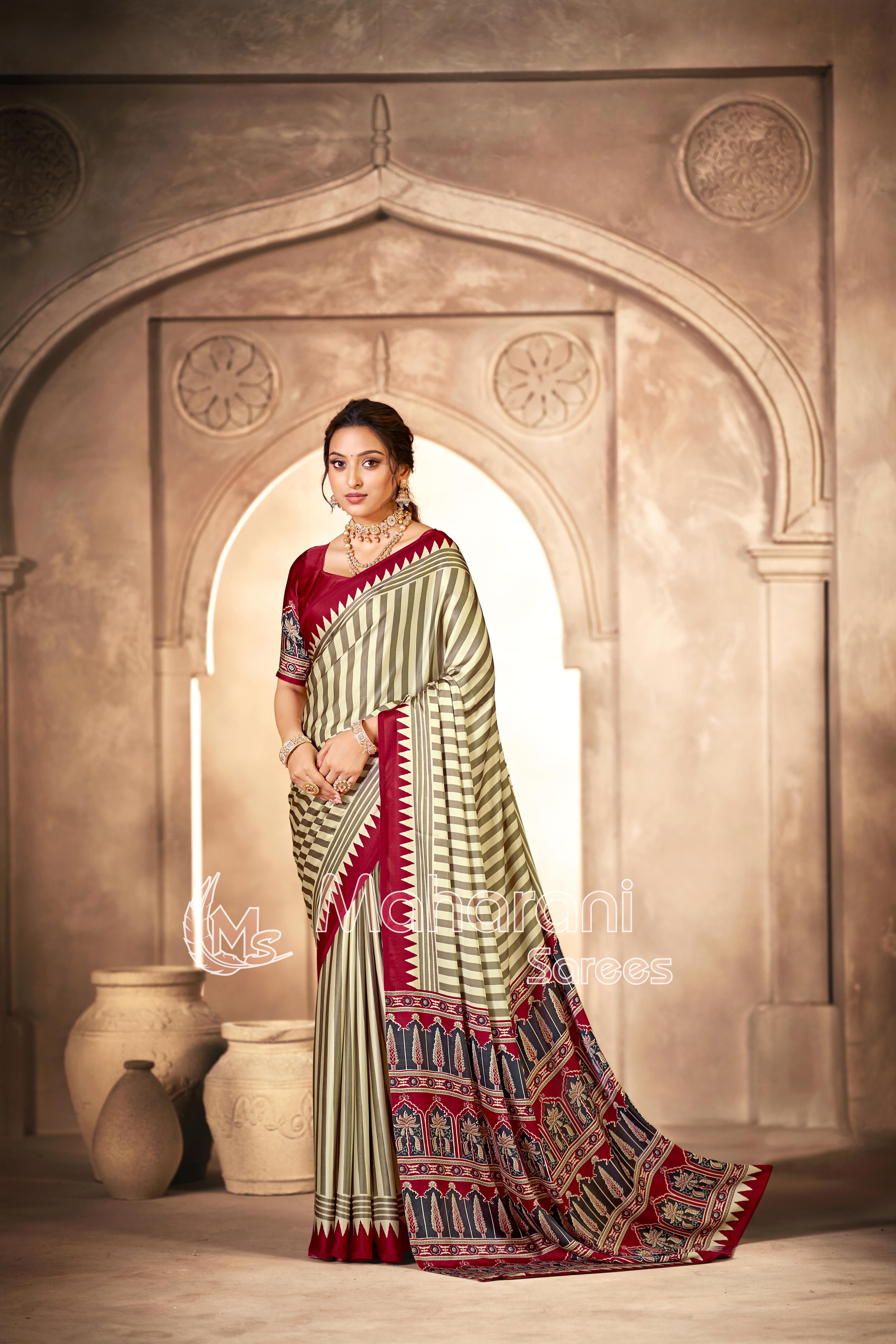 Cream With Maroon Border Ajrakh Hand-Printed Modal Silk Saree