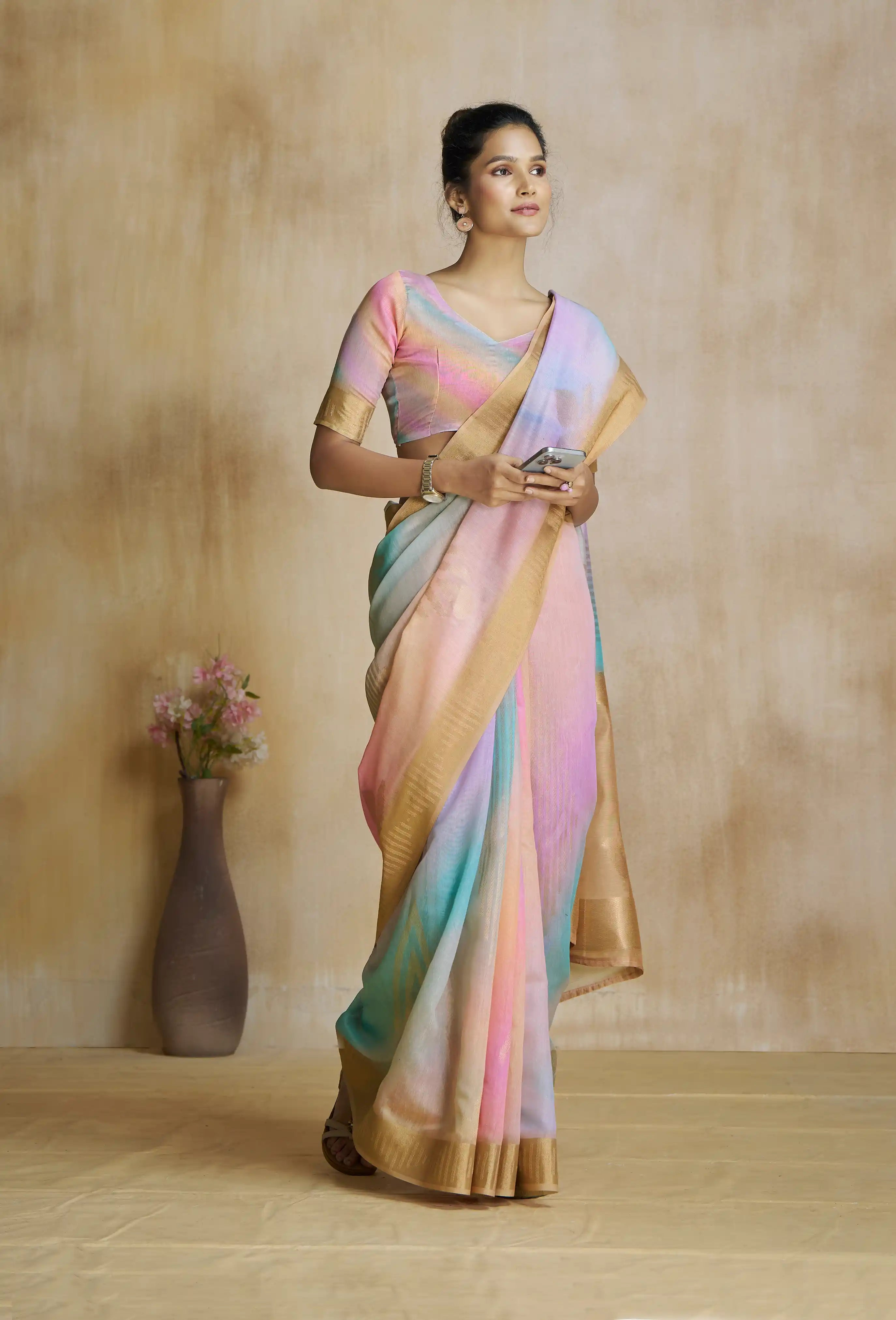 Cultivated Cream Digital Printed Silk Saree