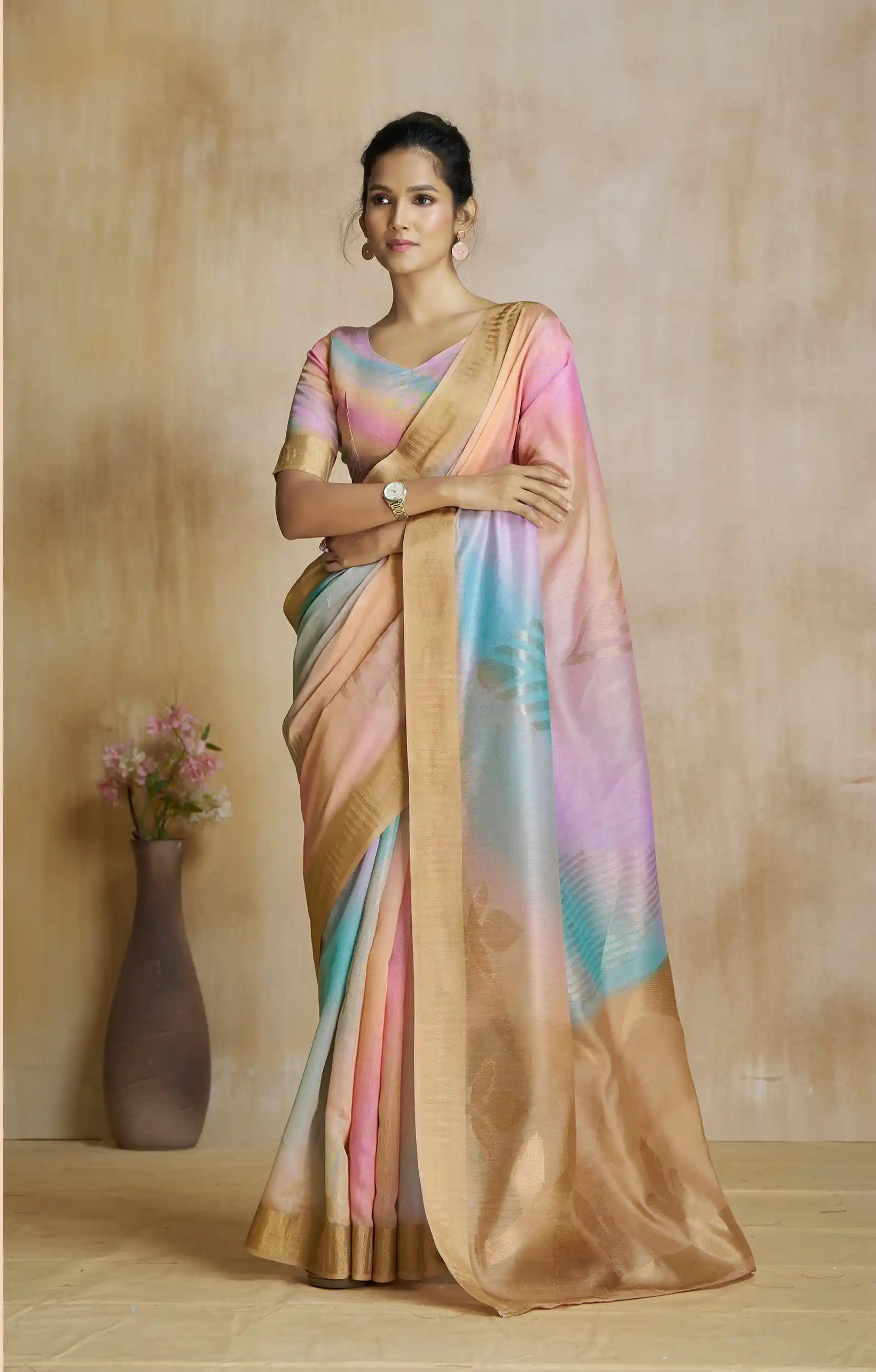 Cultivated Cream Digital Printed Silk Saree