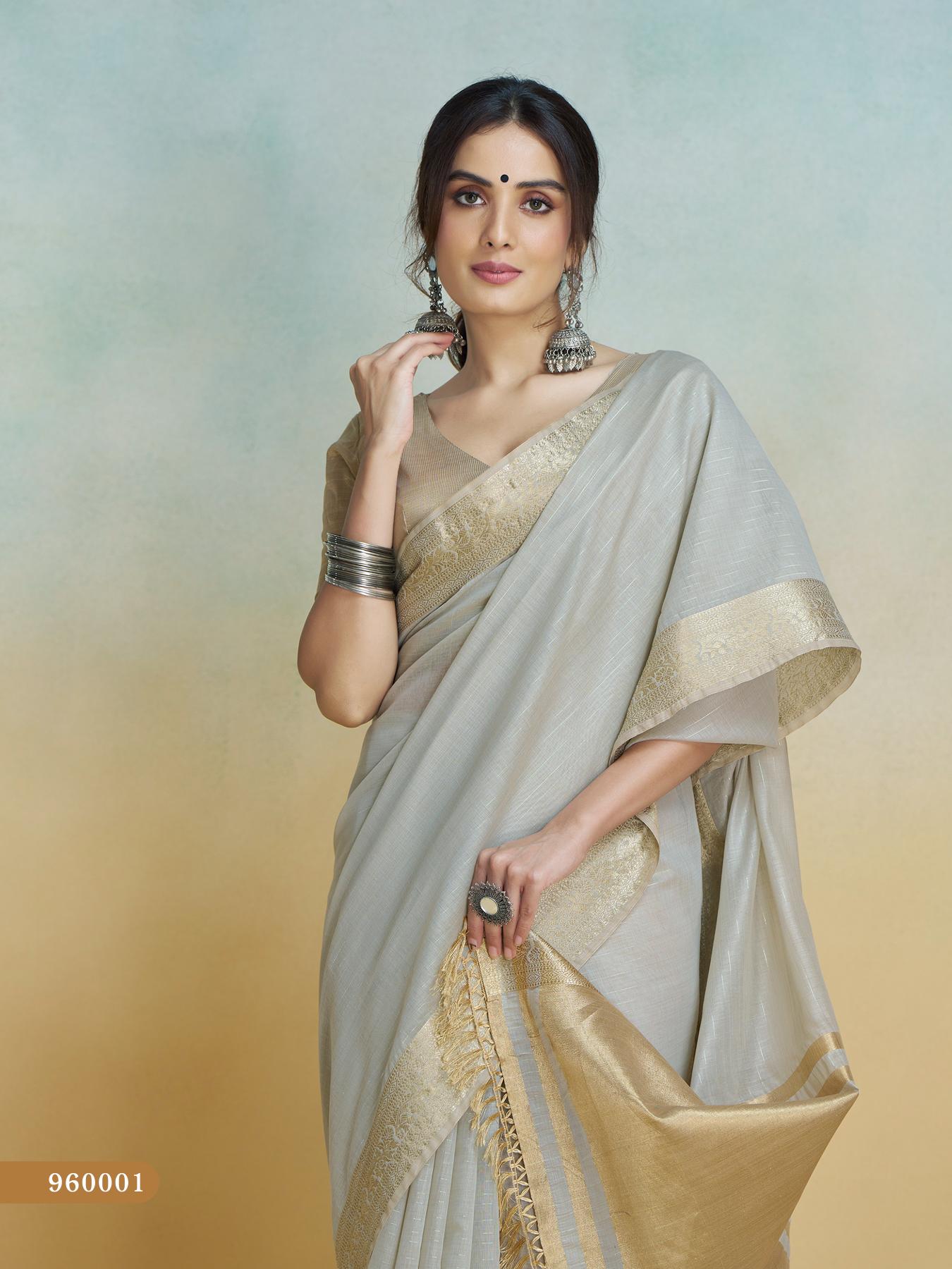 Off White Handloom Woven Linen Sot Silk Saree