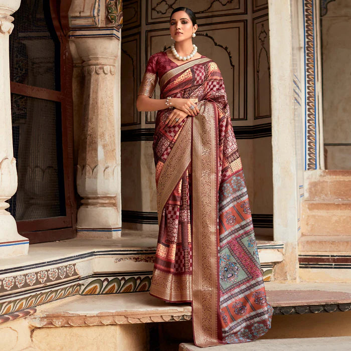 Dark Wine Digital Printed Dola Silk Saree