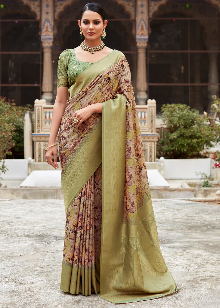 Moss Green Banarasi Digital Printed Silk Saree