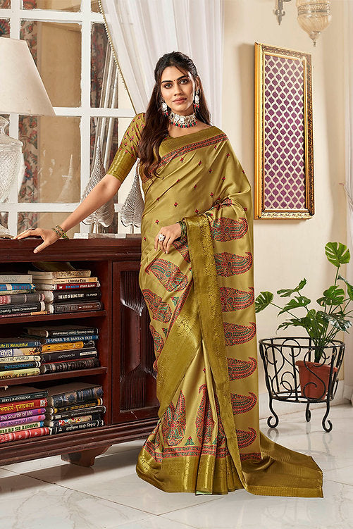 Mystical Olive Green Printed Satin Saree