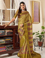 Mystical Olive Green Printed Satin Saree