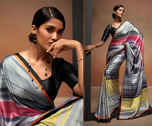 Multicolor Bollywood Style Soft Satin Crepe Saree