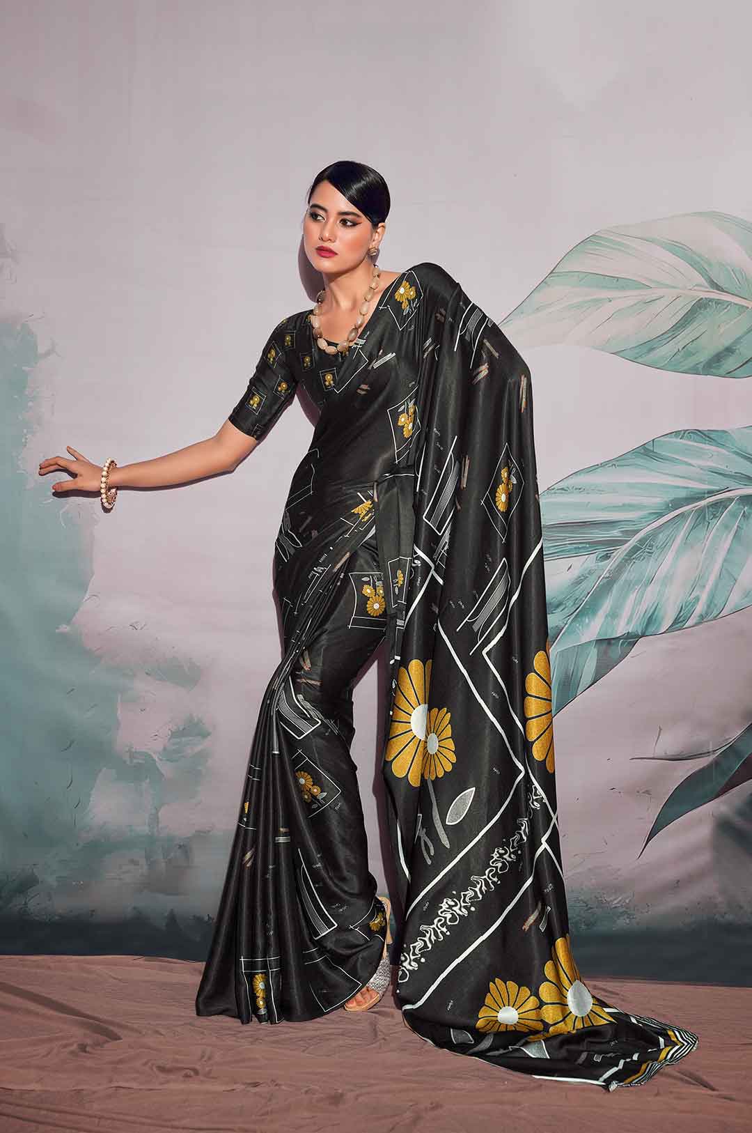 Black Printed Satin Crepe Saree