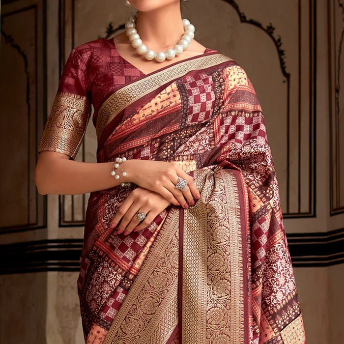 Dark Wine Digital Printed Dola Silk Saree