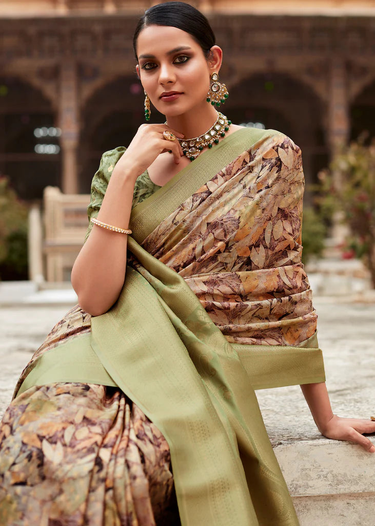 Moss Green Banarasi Digital Printed Silk Saree