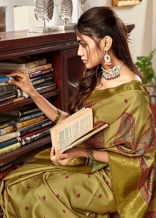 Mystical Olive Green Printed Satin Saree