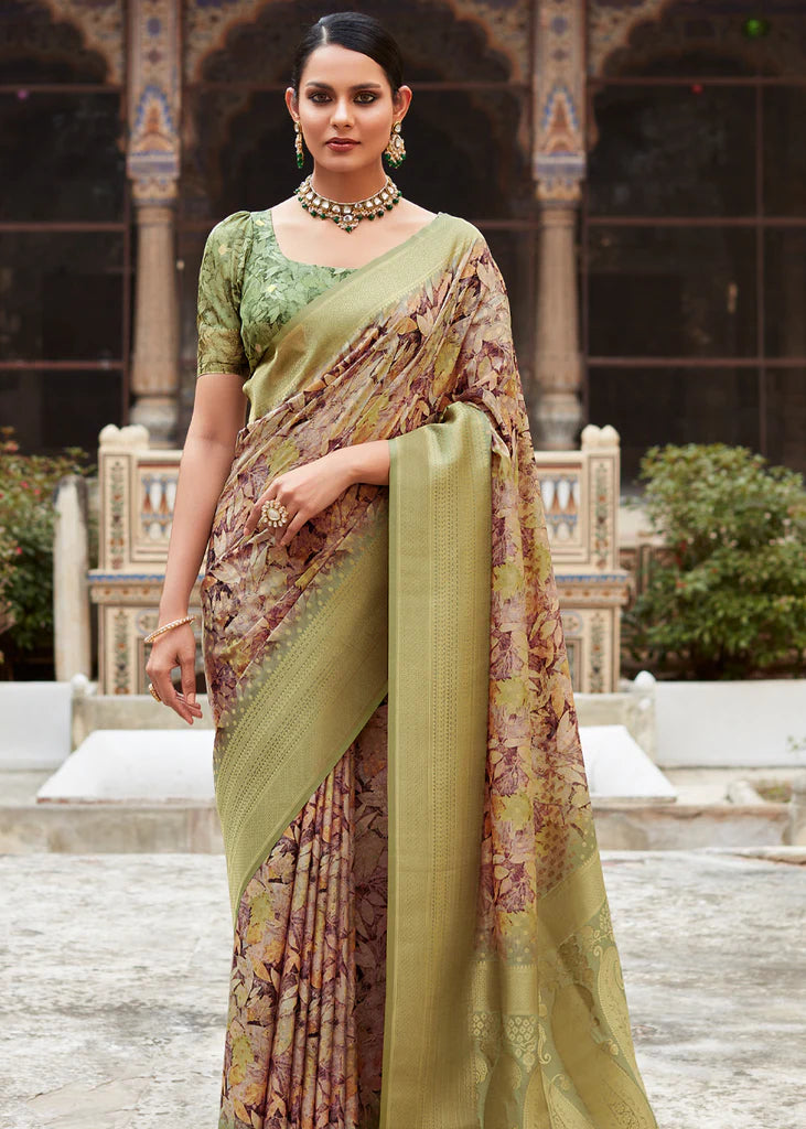 Moss Green Banarasi Digital Printed Silk Saree