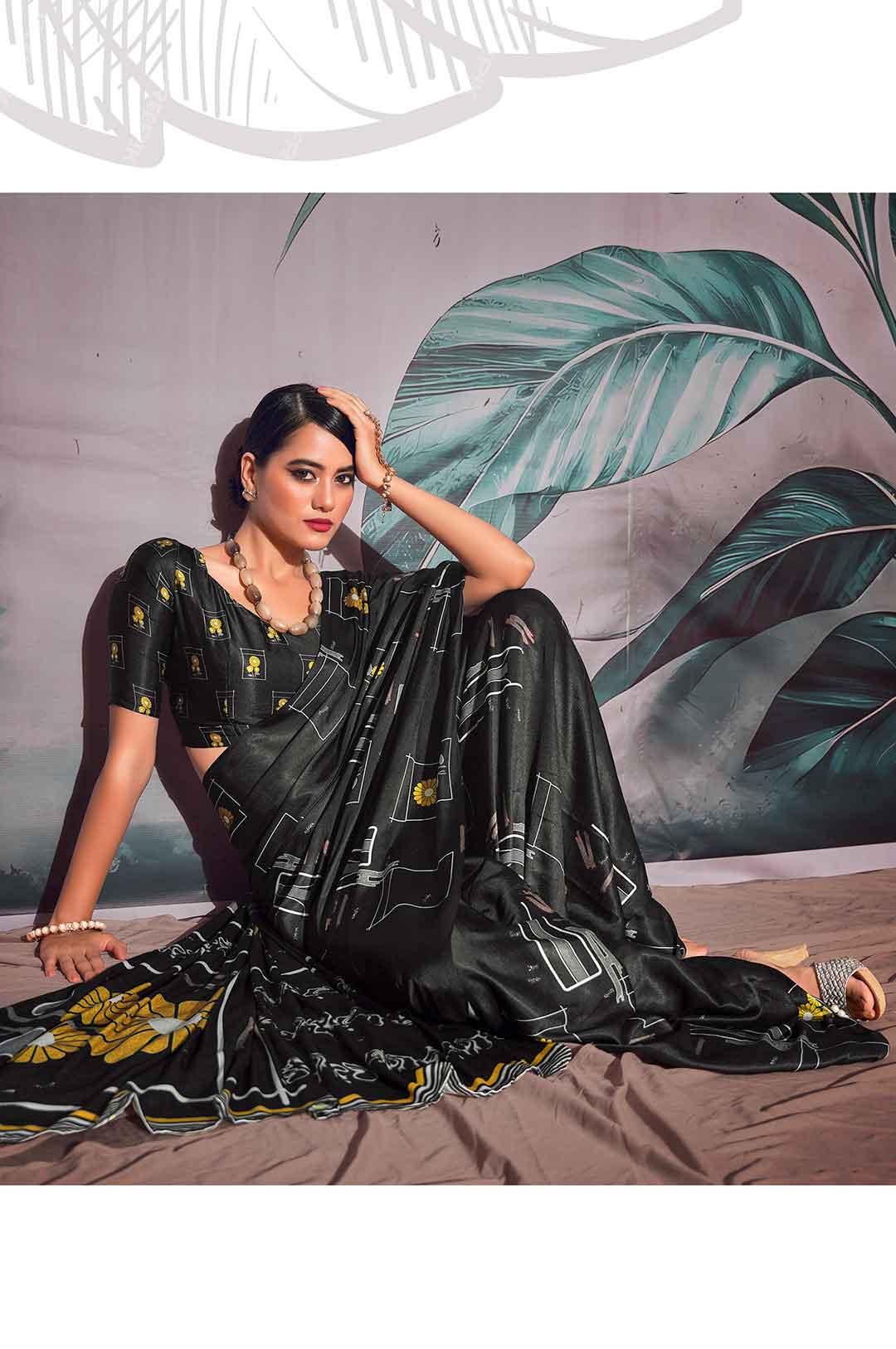 Black Printed Satin Crepe Saree