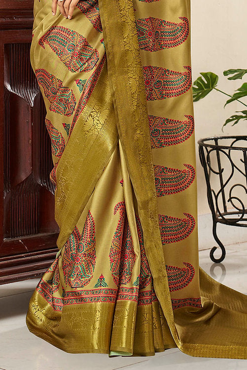 Mystical Olive Green Printed Satin Saree