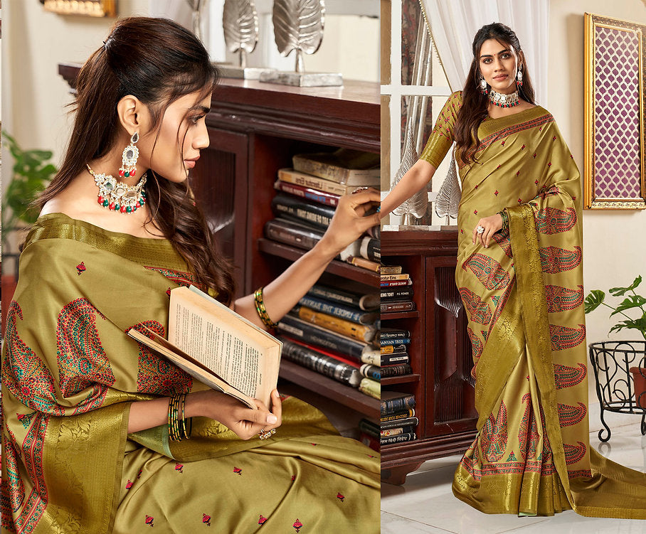 Mystical Olive Green Printed Satin Saree